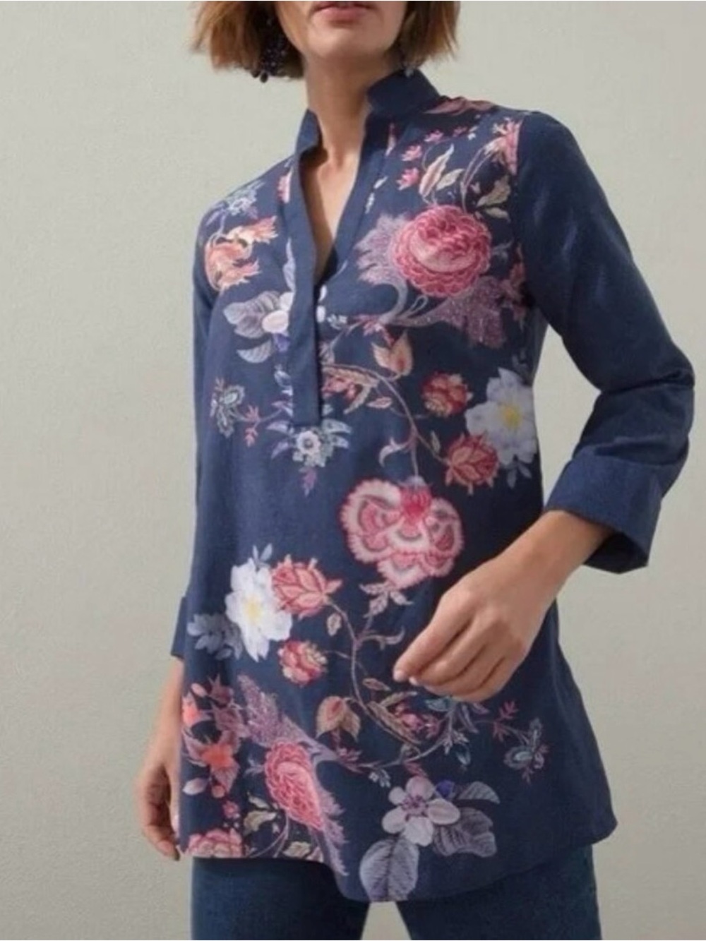 Chico’s Lightweight Chic Stretch No Iron Floral Tunic Top Size 0.5 Small